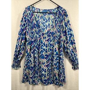 CUPSHE Blue Abstract Mini Dress XL Smocked Plunge V-Neck Beach Vacation NWT